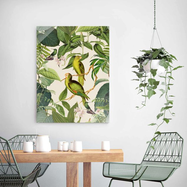 Glass print - Vintage Collage - Parrots In The Jungle