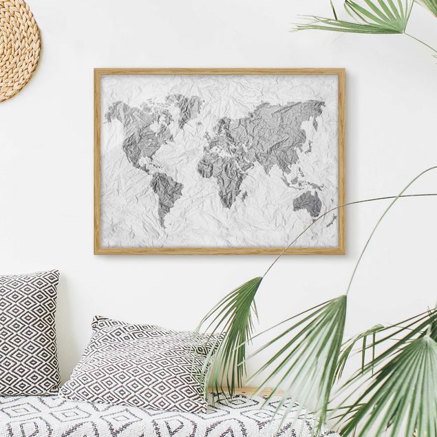 Framed poster - Paper World Map White Grey