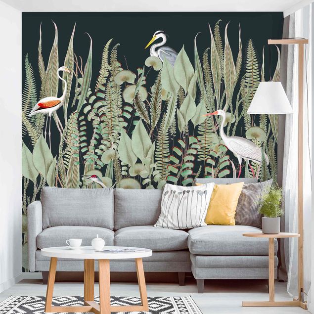 Wallpaper - Flamingo And Stork With Plants On Green