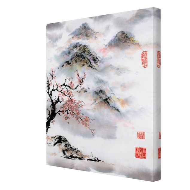 Print on canvas - Japanese Watercolour Drawing Cherry Tree And Mountains