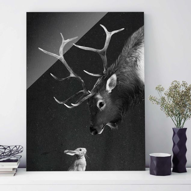 Glass print - Illustration Deer And Rabbit Black And White Drawing
