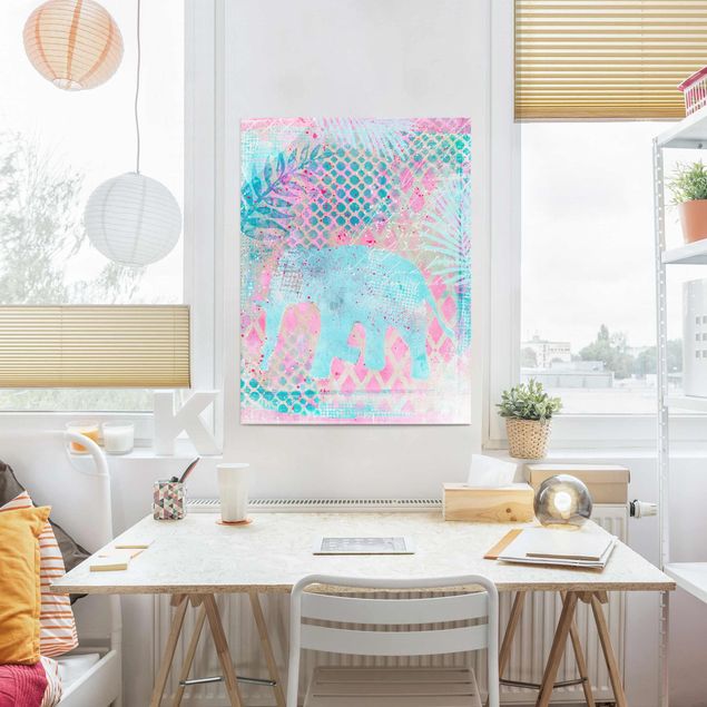 Glass print - Colourful Collage - Elephant In Blue And Pink