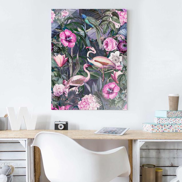 Glass print - Colourful Collage - Pink Flamingos In The Jungle