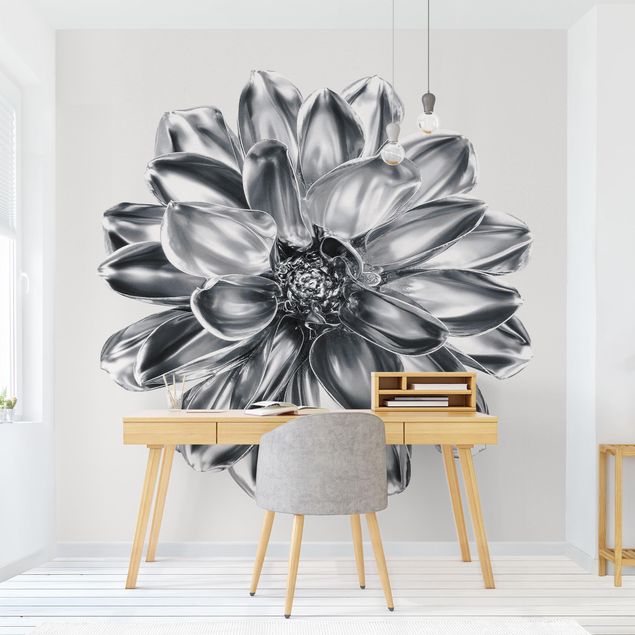 Wallpaper - Dahlia Flower Silver Metallic