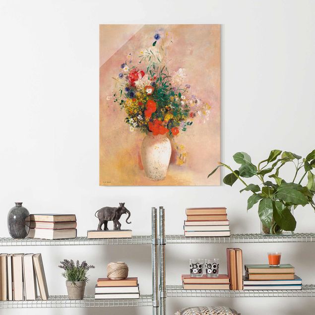 Glas Magnettafel Odilon Redon - Vase With Flowers (Rose-Colored Background)