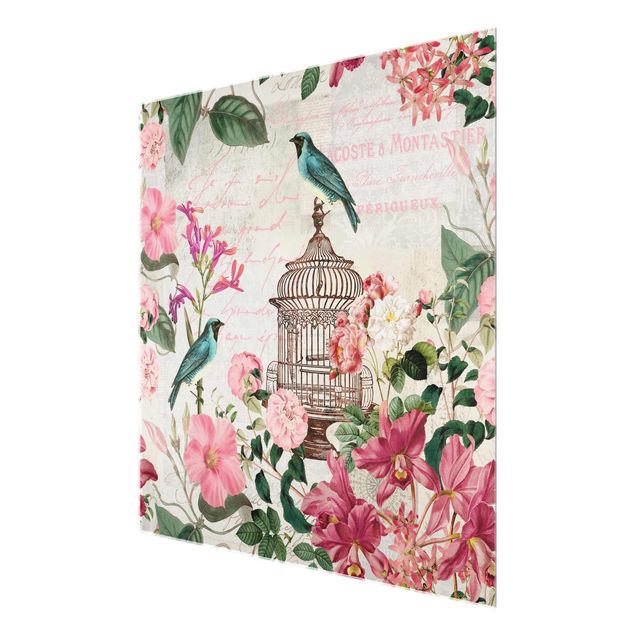 Glass print - Shabby Chic Collage - Pink Flowers And Blue Birds