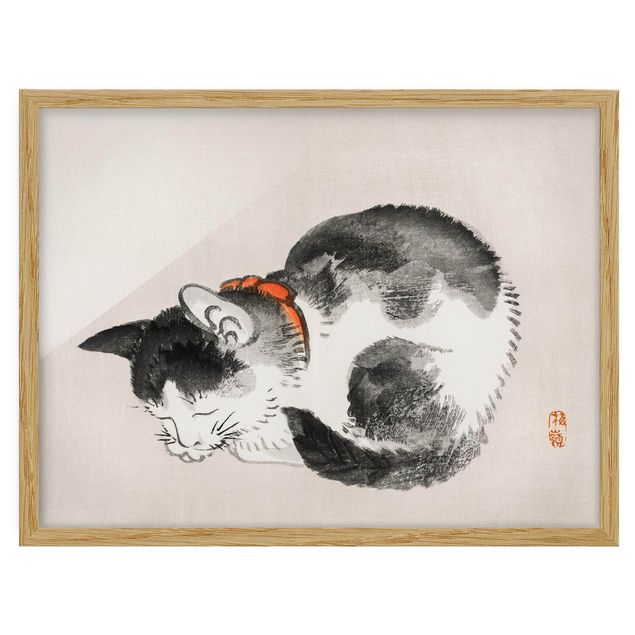 Framed poster - Asian Vintage Drawing Sleeping Cat
