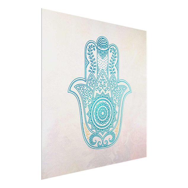 Glass print - Hamsa Hand Illustration Mandala Gold Blue