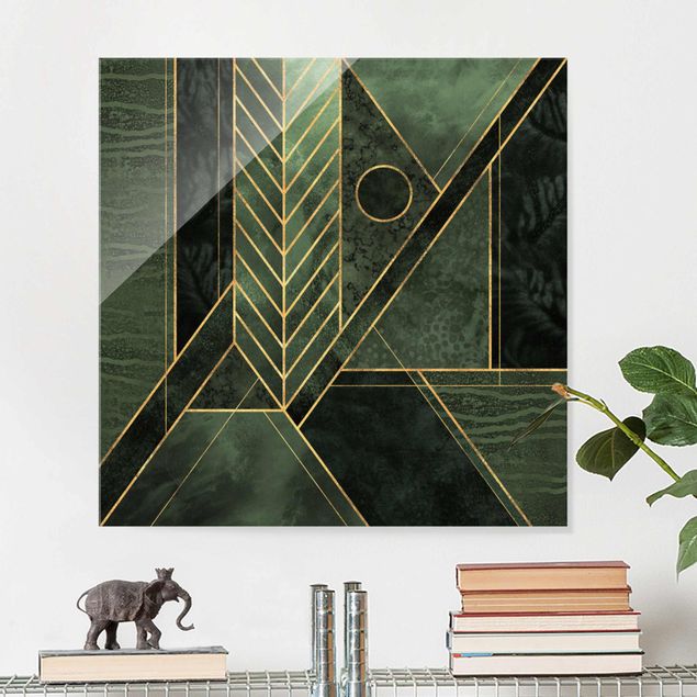 Glass print - Geometric Shapes Emerald Gold