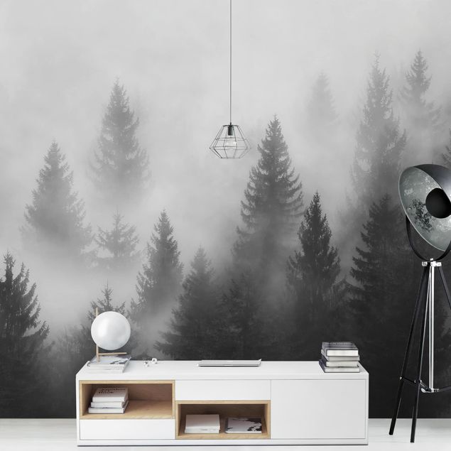 Adhesive wallpaper forest - Coniferous Forest In The Fog Black And White
