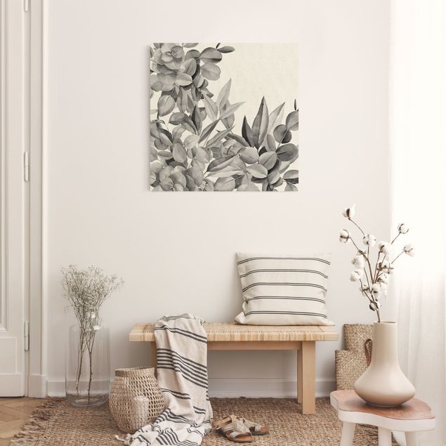 Natural canvas print - Thicket Eucalytus Leaves Watercolour Black - Square 1:1