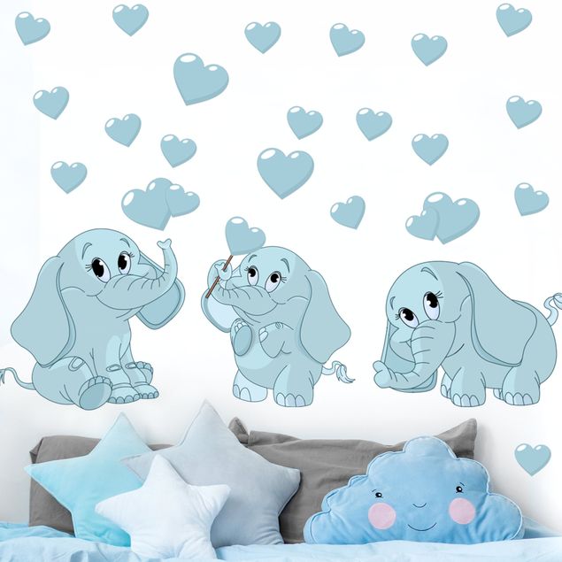Wall stickers elefant Three blue elephant babies with hearts