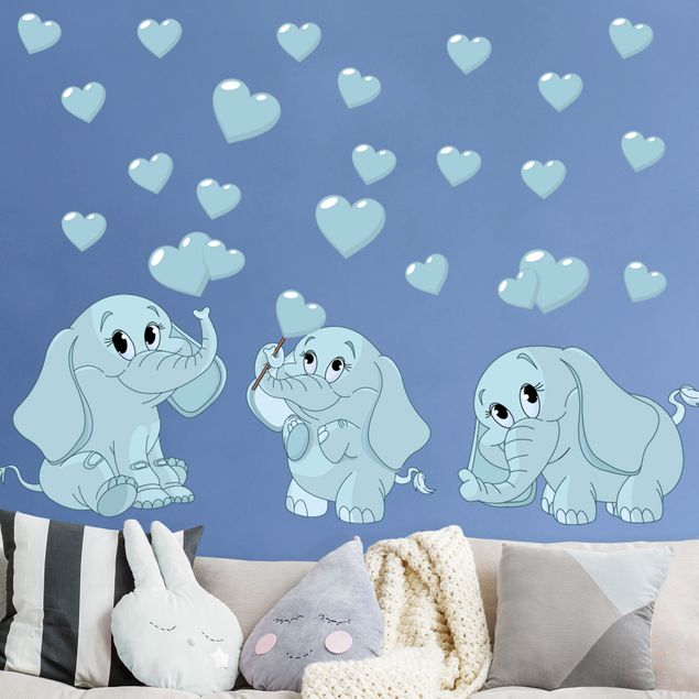 Animal print wall stickers Three blue elephant babies with hearts