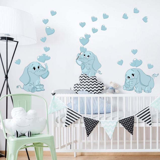 Romantic wall stickers Three blue elephant babies with hearts