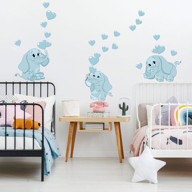 Heart wall decal Three blue elephant babies with hearts