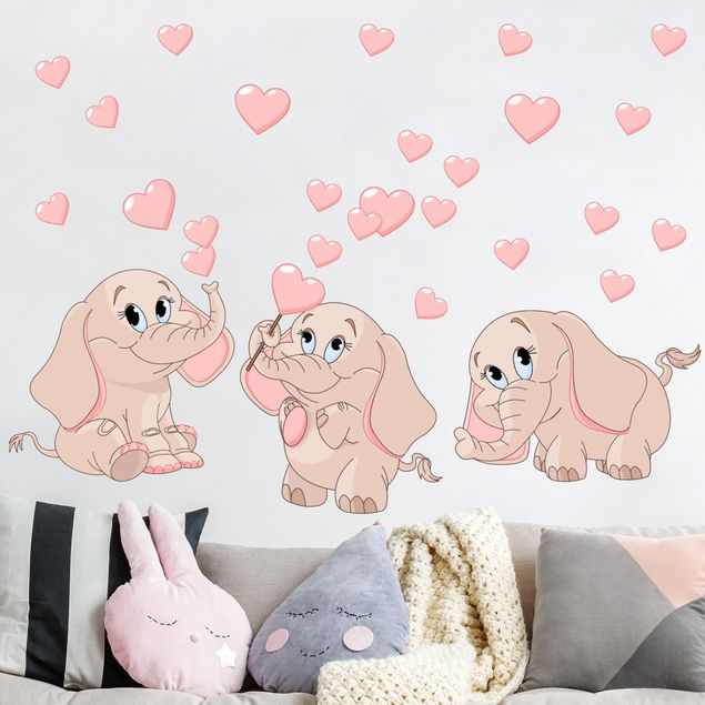 Wall stickers elefant Three pink elephant babies with hearts