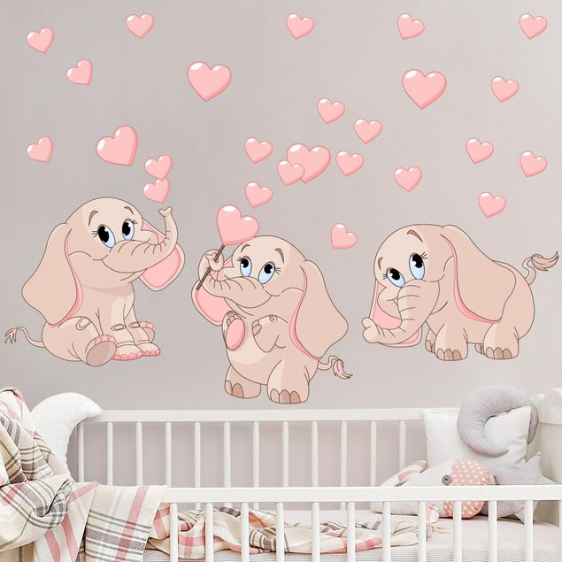Wall stickers animals Three pink elephant babies with hearts