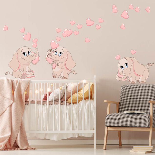 Wall stickers heart Three pink elephant babies with hearts