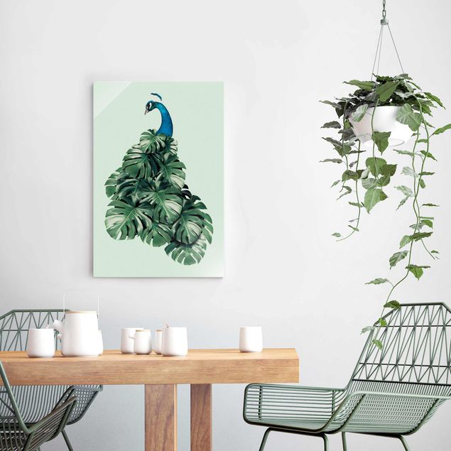 Glass print - Peacock With Monstera Leaves