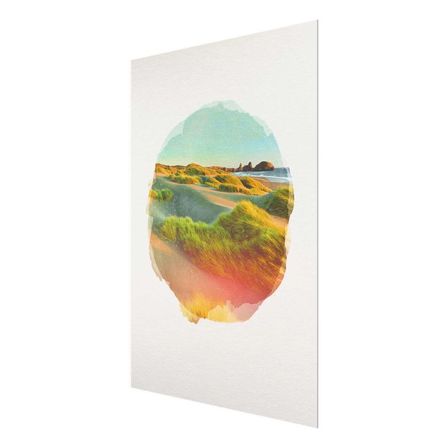 Glass print - WaterColours - Dunes And Grasses At The Sea