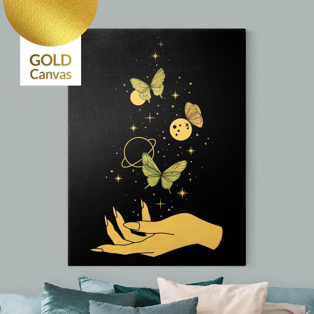 Canvas print gold - Magical Hand - Butterflies And Planets