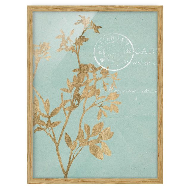 Framed poster - Golden Leaves On Turquoise I