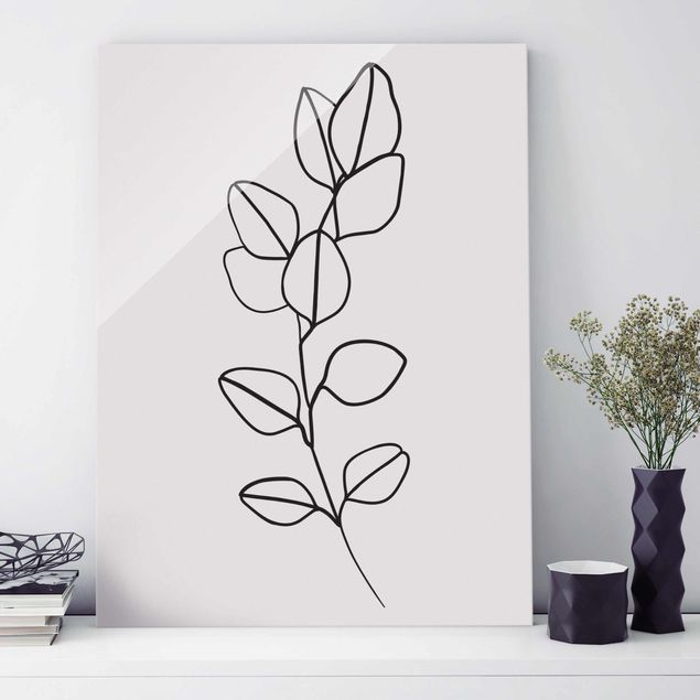 Glass print - Line Art Branch Leaves Black And White