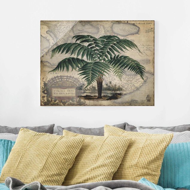 Glas Magnetboard Vintage Collage - Palm And World Map