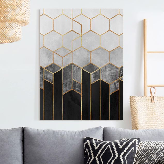 Canvas print - Golden Hexagons Black And White