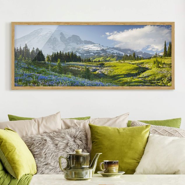 Framed poster - Mountain Meadow With Blue Flowers in Front of Mt. Rainier
