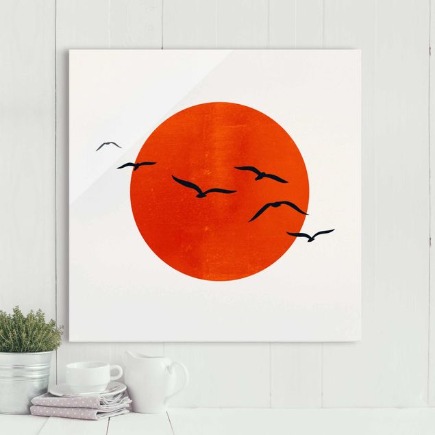 Magnettafel Glas Flock Of Birds In Front Of Red Sun I