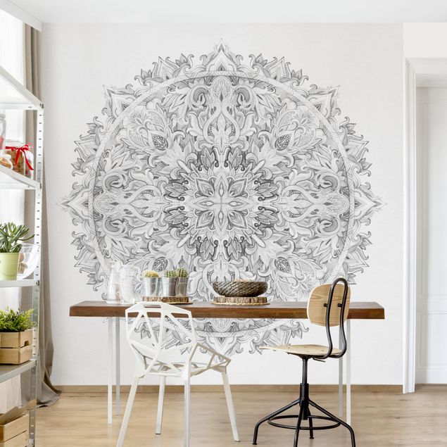 Wallpaper - Mandala Watercolour Ornament Black And White