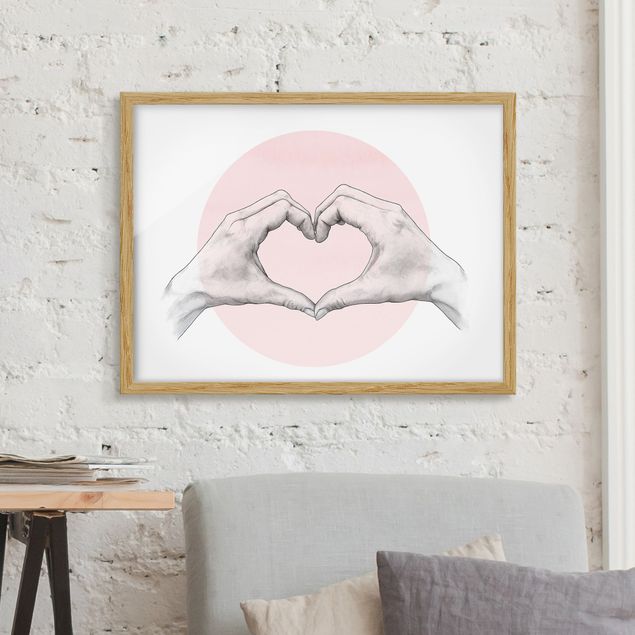 Framed poster - Illustration Heart Hands Circle Pink White