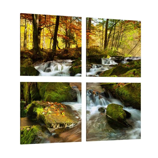 Print on canvas 4 parts - Waterfall Autumnal Forest