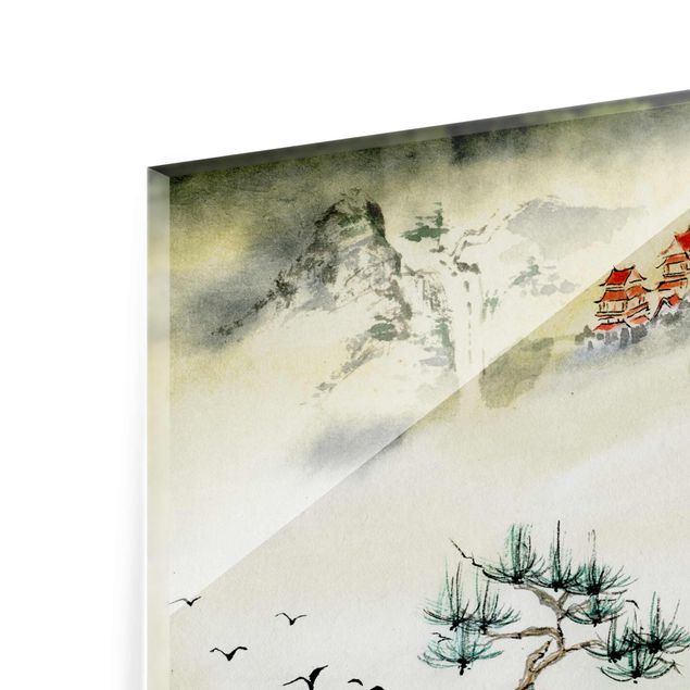 Glass print - Japanese Watercolour Drawing Pine And Mountain Village