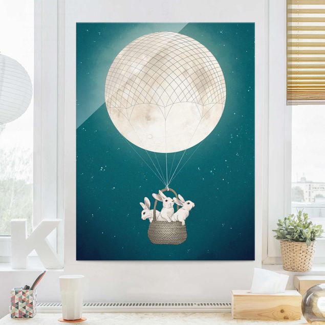 Glass print - Illustration Rabbits Moon As Hot-Air Balloon Starry Sky