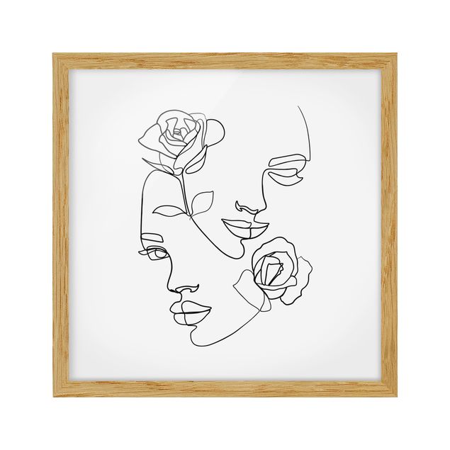 Framed poster - Line Art Faces Women Roses Black And White