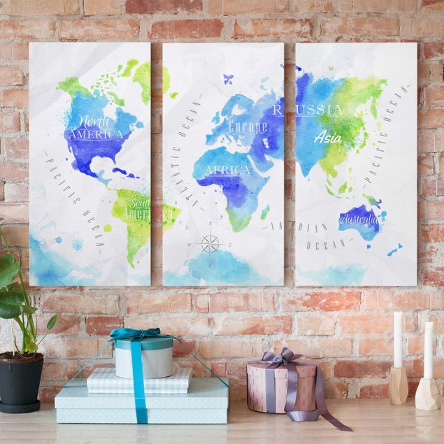 Print on canvas 3 parts - World Map Watercolour Blue Green