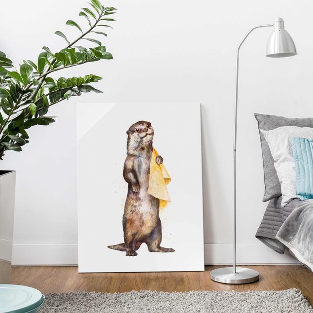 Magnettafel Glas Illustration Otter With Towel Painting White