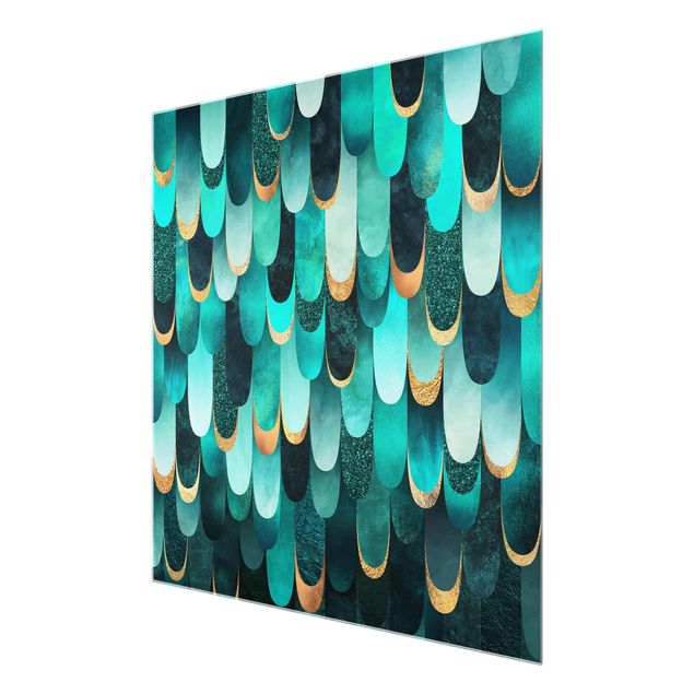 Glass print - Feathers Gold Turquoise