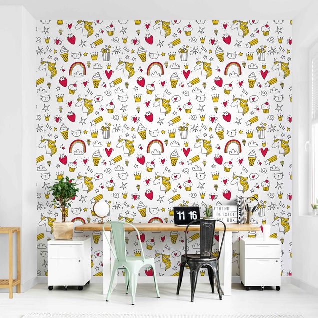 Walpaper - Unicorns And Sweets In Yellow And Red