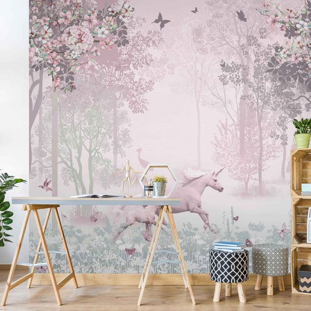 Wallpaper - Unicorn On Flowering Meadow In Pink