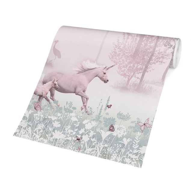 Wallpaper - Unicorn On Flowering Meadow In Pink