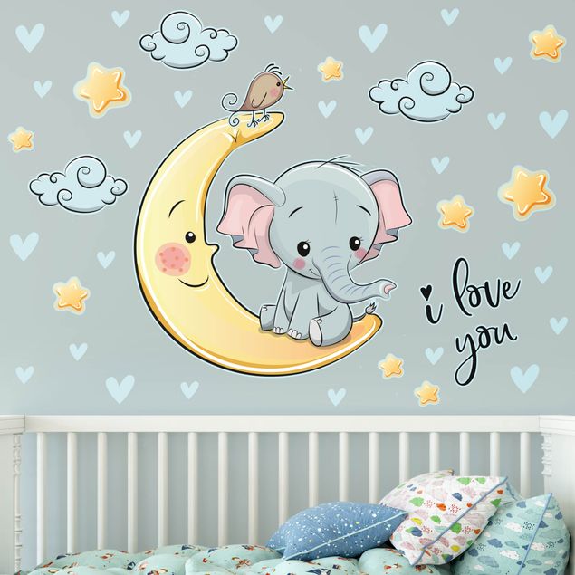 Autocolantes de parede pássaros Elephant Moon I Love You
