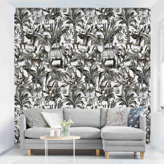 Wallpapers Elephants Giraffes Zebras And Tiger Black And White With Brown Tone