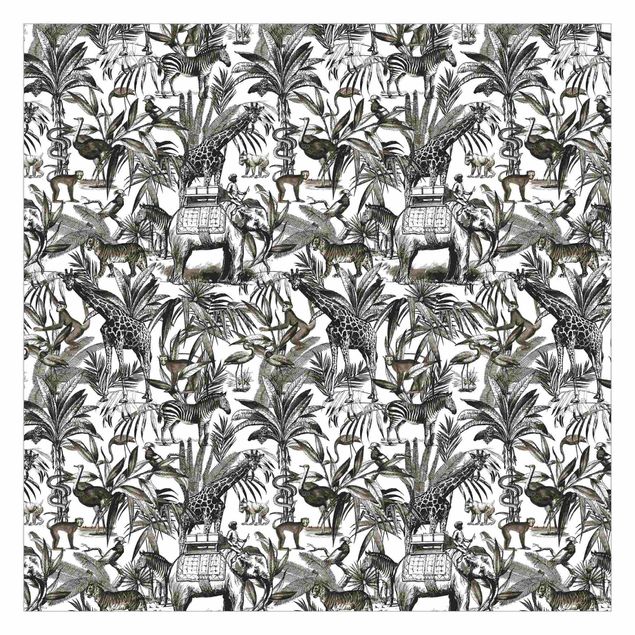 Walpaper - Elephants Giraffes Zebras And Tiger Black And White With Brown Tone