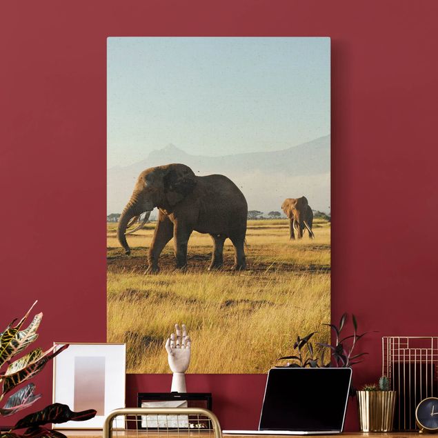 Natural canvas print - Elephants In Front Of Kilimanjaro In Kenya - Portrait format 2:3