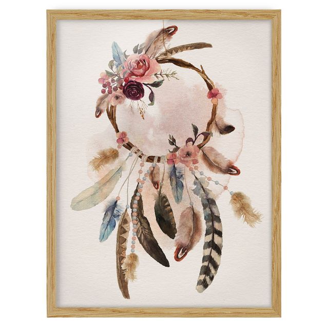 Framed poster - Dream Catcher With Roses And Feathers