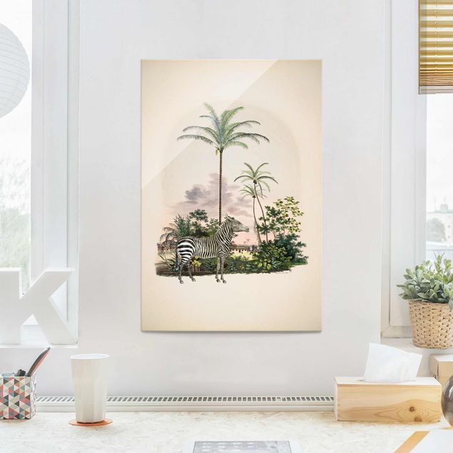 Glas Magnettafel Zebra Front Of Palm Trees Illustration