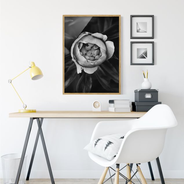 Framed poster - Peonies In Front Of Leaves Black And White
